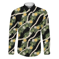 Hawaiian Pikake Maile Lei Family Matching Off Shoulder Short Dress and Hawaiian Shirt Tiare Hibiscus Kalo Palapalai Leaf Black LT19 Dad's Shirt - Long Sleeve Black - Polynesian Pride