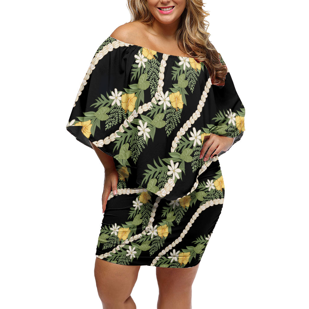 Hawaiian Pikake Maile Lei Family Matching Off Shoulder Short Dress and Hawaiian Shirt Tiare Hibiscus Kalo Palapalai Leaf Black LT19 Mom's Dress Black - Polynesian Pride