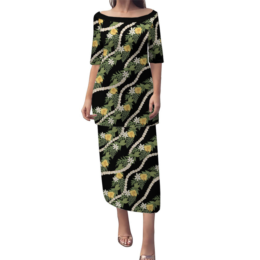 Hawaiian Pikake Maile Lei Family Matching Puletasi and Hawaiian Shirt Tiare Hibiscus Kalo Palapalai Leaf Black LT19 Mom's Dress Black - Polynesian Pride