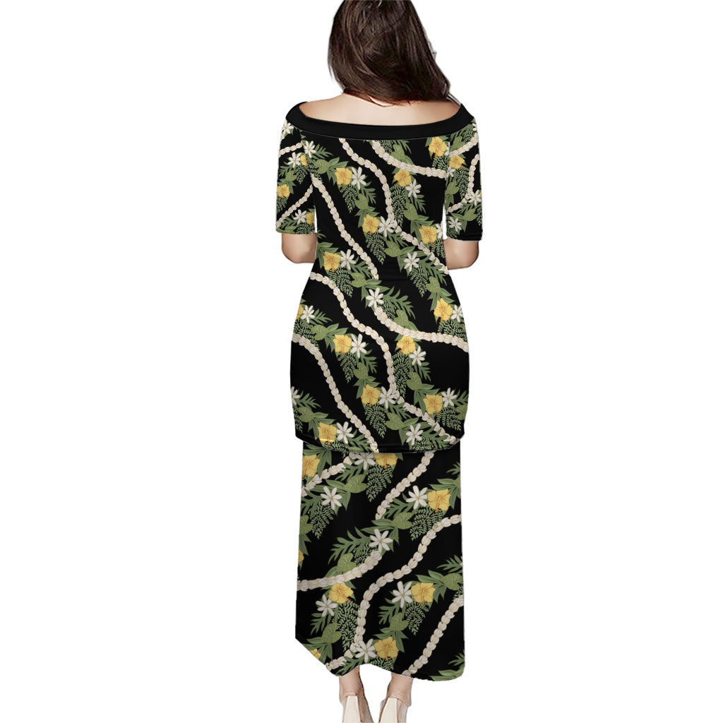 Hawaiian Pikake Maile Lei Family Matching Puletasi and Hawaiian Shirt Tiare Hibiscus Kalo Palapalai Leaf Black LT19 - Polynesian Pride