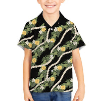 Hawaiian Pikake Maile Lei Family Matching Puletasi and Hawaiian Shirt Tiare Hibiscus Kalo Palapalai Leaf Black LT19 Son's Shirt Black - Polynesian Pride