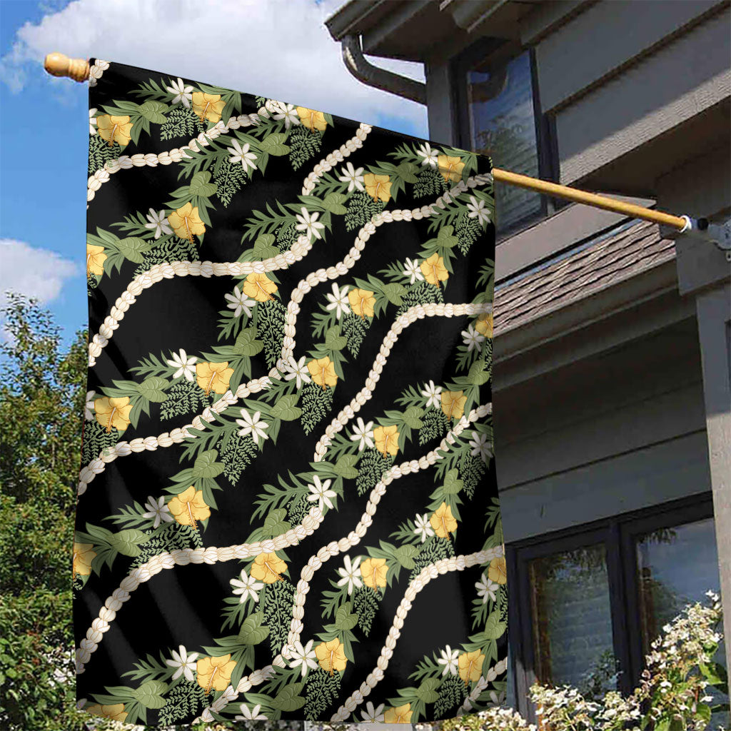 Hawaiian Pikake Maile Lei Garden Flag Tiare Hibiscus Kalo Palapalai Leaf Black LT19 - Polynesian Pride