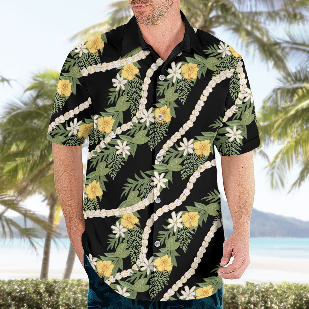 Hawaiian Pikake Maile Lei Hawaiian Shirt Tiare Hibiscus Kalo Palapalai Leaf Black LT19 - Polynesian Pride