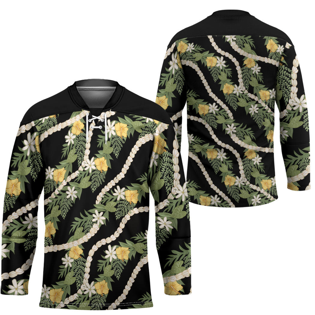Hawaiian Pikake Maile Lei Hockey Jersey Tiare Hibiscus Kalo Palapalai Leaf Black LT19 - Polynesian Pride