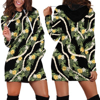Hawaiian Pikake Maile Lei Hoodie Dress Tiare Hibiscus Kalo Palapalai Leaf Black LT19 - Polynesian Pride
