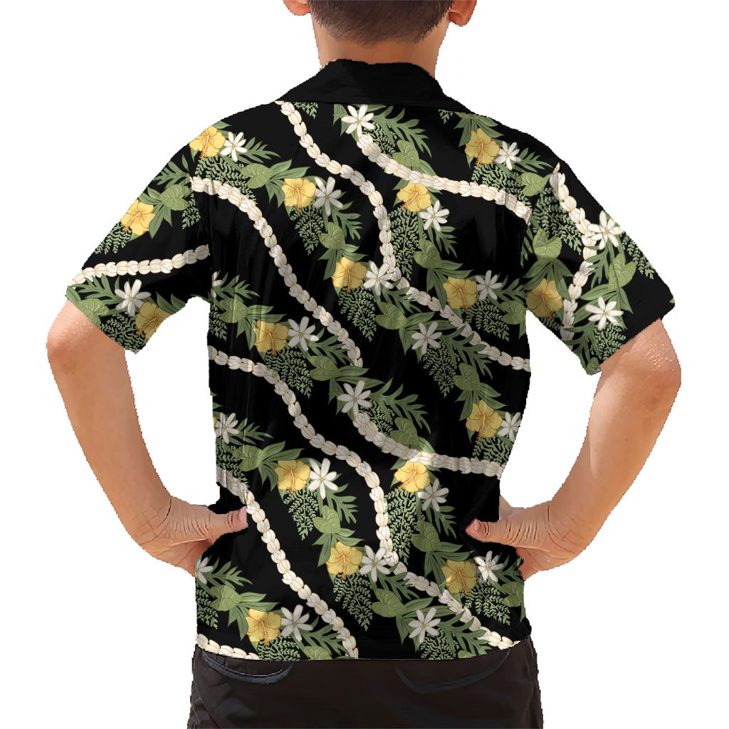 Hawaiian Pikake Maile Lei Kid Hawaiian Shirt Tiare Hibiscus Kalo Palapalai Leaf Black LT19 - Polynesian Pride