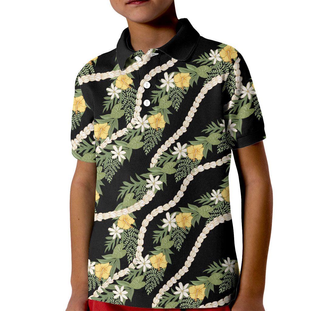 Hawaiian Pikake Maile Lei Kid Polo Shirt Tiare Hibiscus Kalo Palapalai Leaf Black LT19 Kid Black - Polynesian Pride