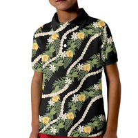Hawaiian Pikake Maile Lei Kid Polo Shirt Tiare Hibiscus Kalo Palapalai Leaf Black LT19 Kid Black - Polynesian Pride