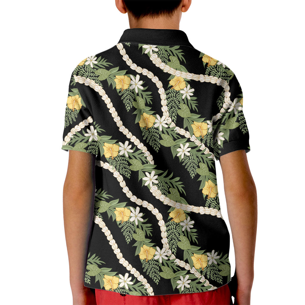 Hawaiian Pikake Maile Lei Kid Polo Shirt Tiare Hibiscus Kalo Palapalai Leaf Black LT19 - Polynesian Pride
