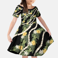 Hawaiian Pikake Maile Lei Kid Short Sleeve Dress Tiare Hibiscus Kalo Palapalai Leaf Black LT19 KID Black - Polynesian Pride