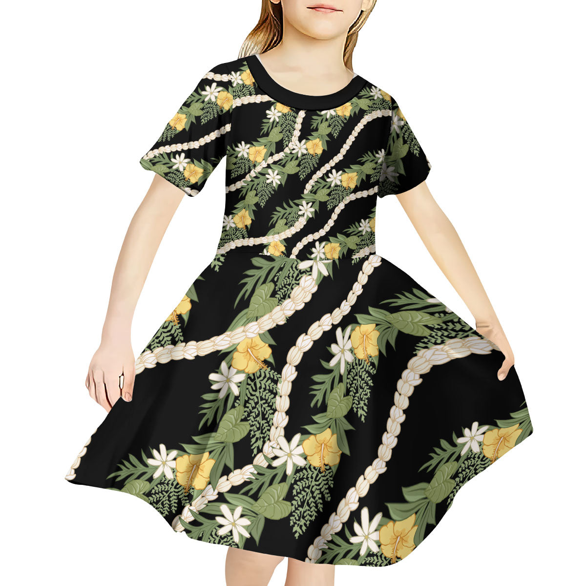 Hawaiian Pikake Maile Lei Kid Short Sleeve Dress Tiare Hibiscus Kalo Palapalai Leaf Black LT19 - Polynesian Pride