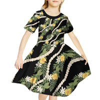 Hawaiian Pikake Maile Lei Kid Short Sleeve Dress Tiare Hibiscus Kalo Palapalai Leaf Black LT19 - Polynesian Pride
