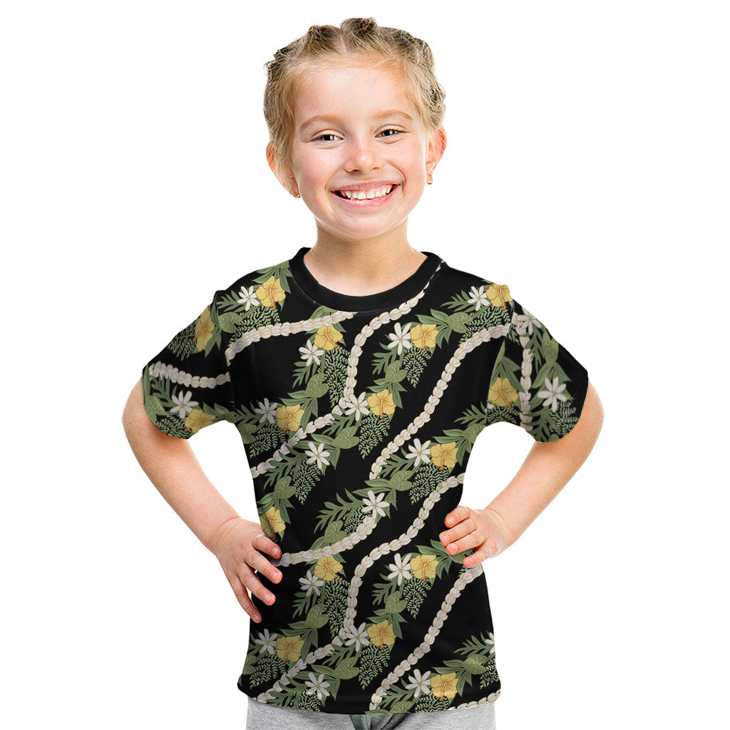 Hawaiian Pikake Maile Lei Kid T Shirt Tiare Hibiscus Kalo Palapalai Leaf Black LT19 Black - Polynesian Pride