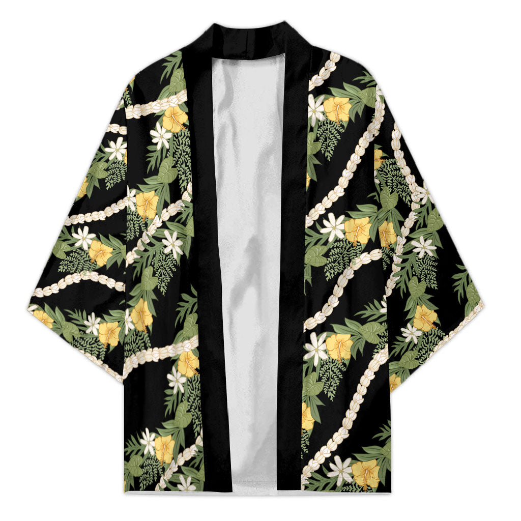 Hawaiian Pikake Maile Lei Kimono Tiare Hibiscus Kalo Palapalai Leaf Black