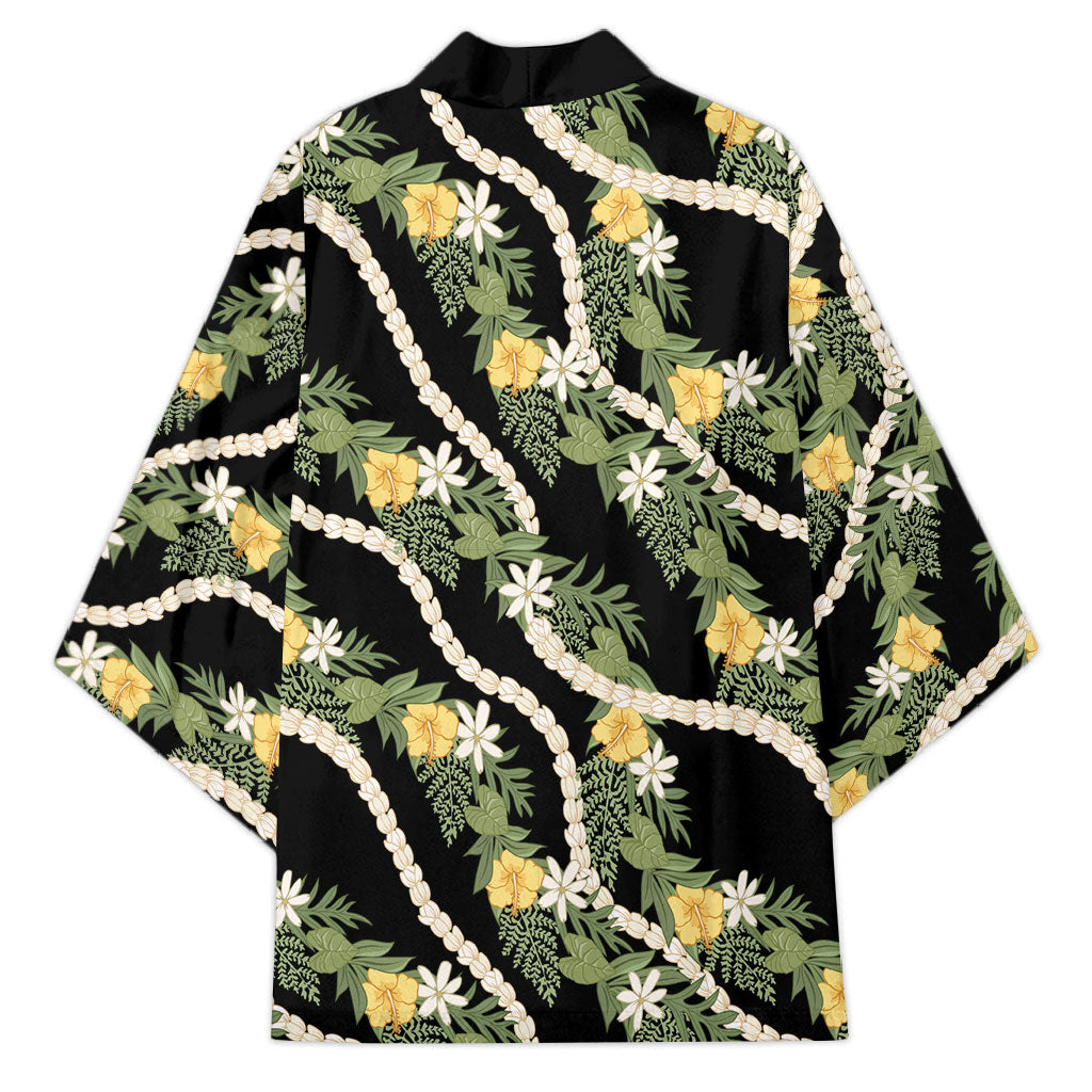 Hawaiian Pikake Maile Lei Kimono Tiare Hibiscus Kalo Palapalai Leaf Black