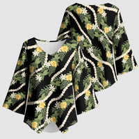 Hawaiian Pikake Maile Lei Kimono Sleeve Blouse Tiare Hibiscus Kalo Palapalai Leaf Black LT19 - Polynesian Pride