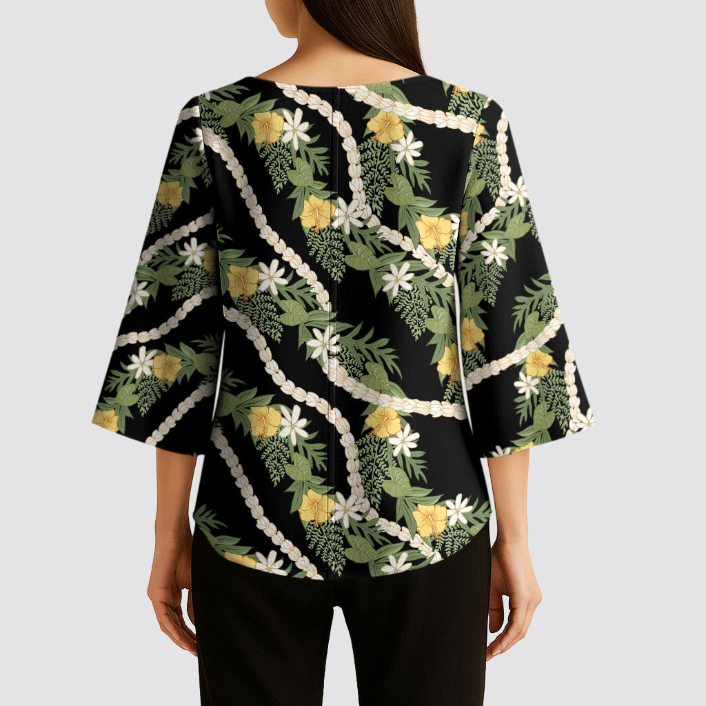 Hawaiian Pikake Maile Lei Kimono Sleeve Blouse Tiare Hibiscus Kalo Palapalai Leaf Black LT19 - Polynesian Pride