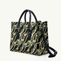 Hawaiian Pikake Maile Lei Leather Bag Tiare Hibiscus Kalo Palapalai Leaf Black