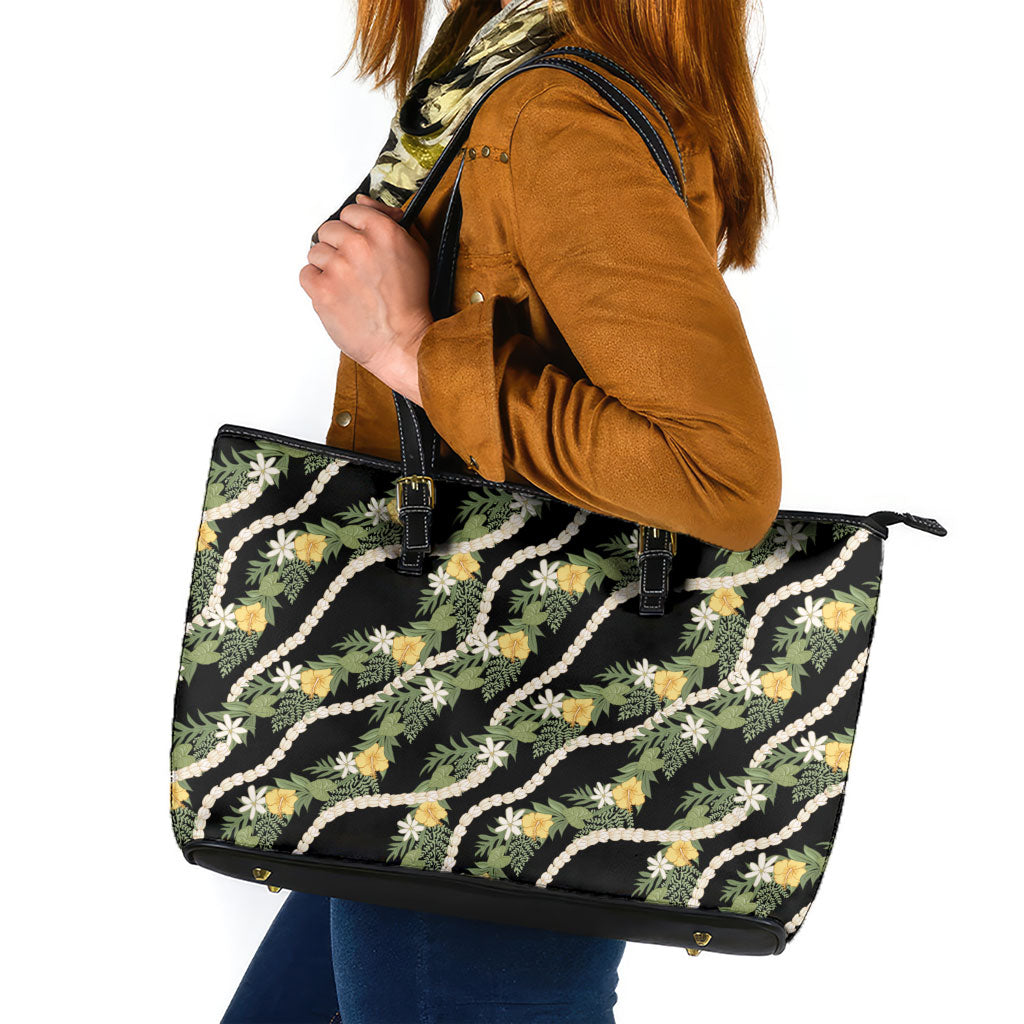 Hawaiian Pikake Maile Lei Leather Tote Bag Tiare Hibiscus Kalo Palapalai Leaf Black