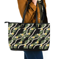 Hawaiian Pikake Maile Lei Leather Tote Bag Tiare Hibiscus Kalo Palapalai Leaf Black LT19 - Polynesian Pride