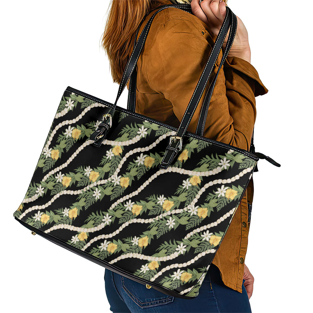 Hawaiian Pikake Maile Lei Leather Tote Bag Tiare Hibiscus Kalo Palapalai Leaf Black LT19 - Polynesian Pride