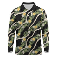 Hawaiian Pikake Maile Lei Long Sleeve Polo Shirt Tiare Hibiscus Kalo Palapalai Leaf Black LT19 Black - Polynesian Pride