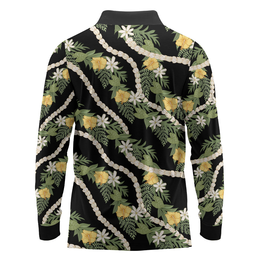 Hawaiian Pikake Maile Lei Long Sleeve Polo Shirt Tiare Hibiscus Kalo Palapalai Leaf Black LT19 - Polynesian Pride
