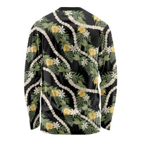 Hawaiian Pikake Maile Lei Long Sleeve Shirt Tiare Hibiscus Kalo Palapalai Leaf Black LT19 - Polynesian Pride