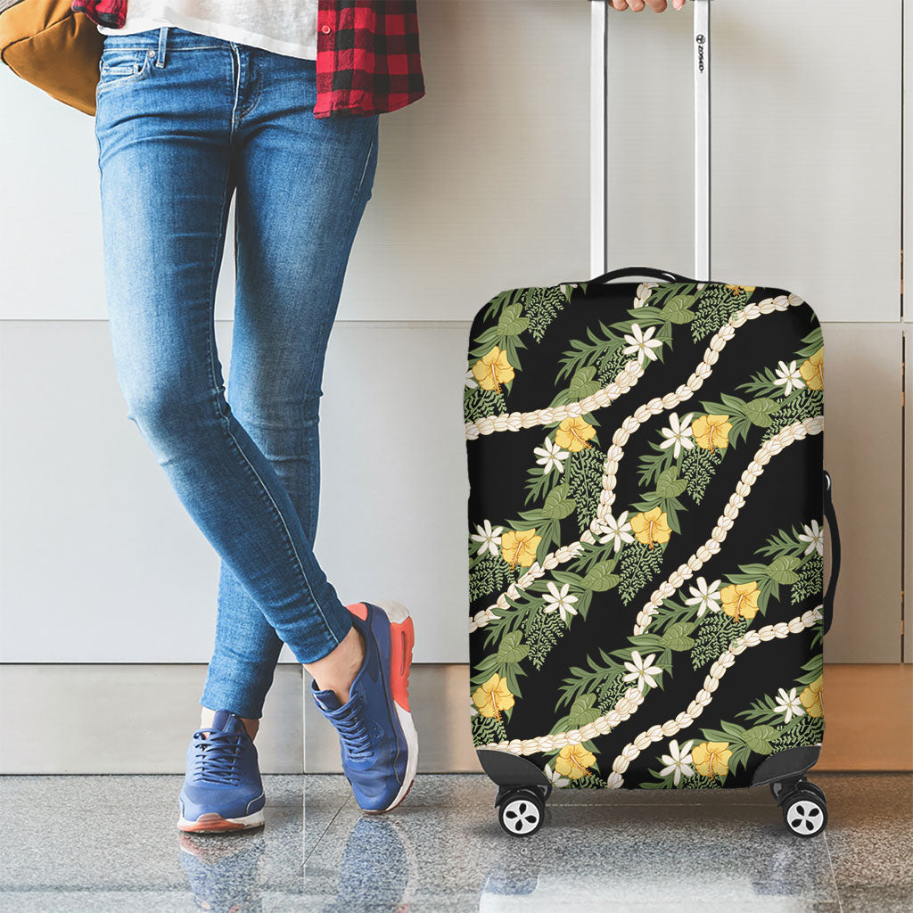 Hawaiian Pikake Maile Lei Luggage Cover Tiare Hibiscus Kalo Palapalai Leaf Black LT19 - Polynesian Pride