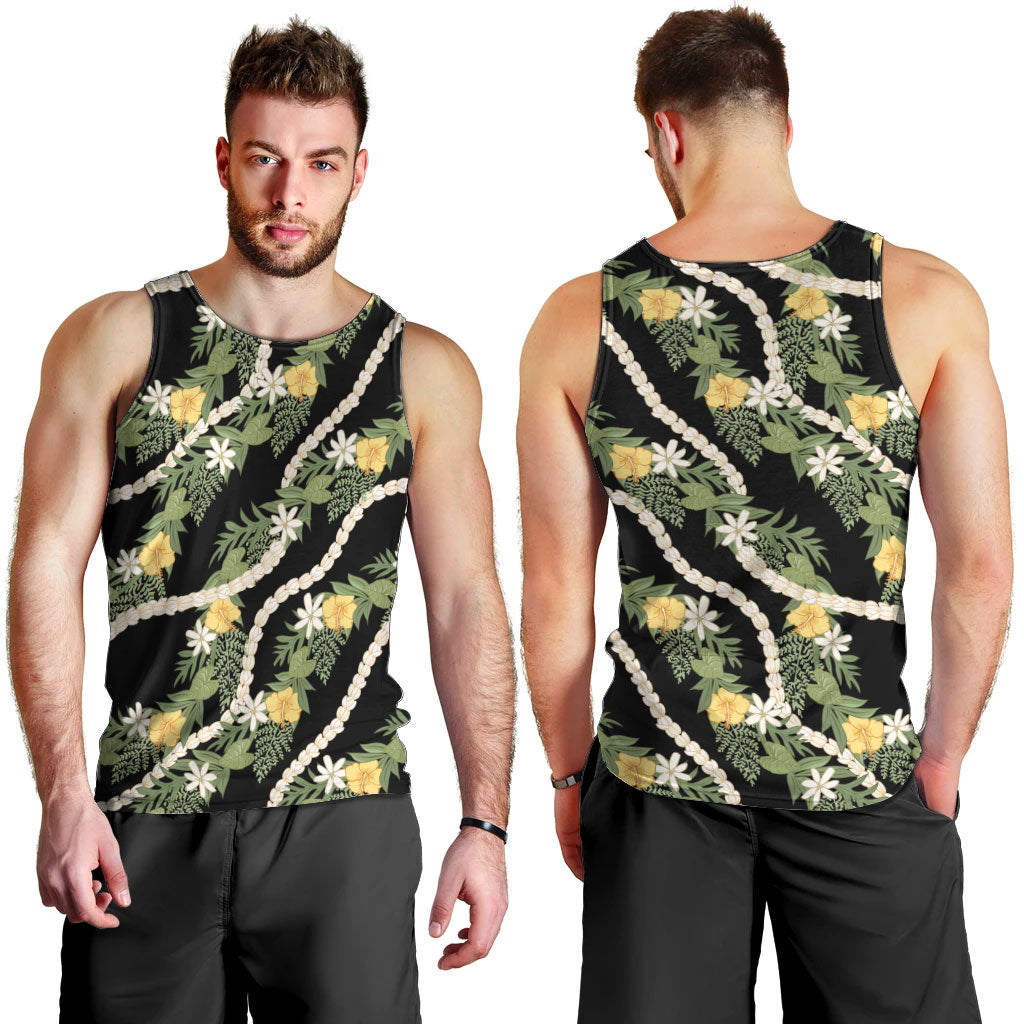 Hawaiian Pikake Maile Lei Men Tank Top Tiare Hibiscus Kalo Palapalai Leaf Black