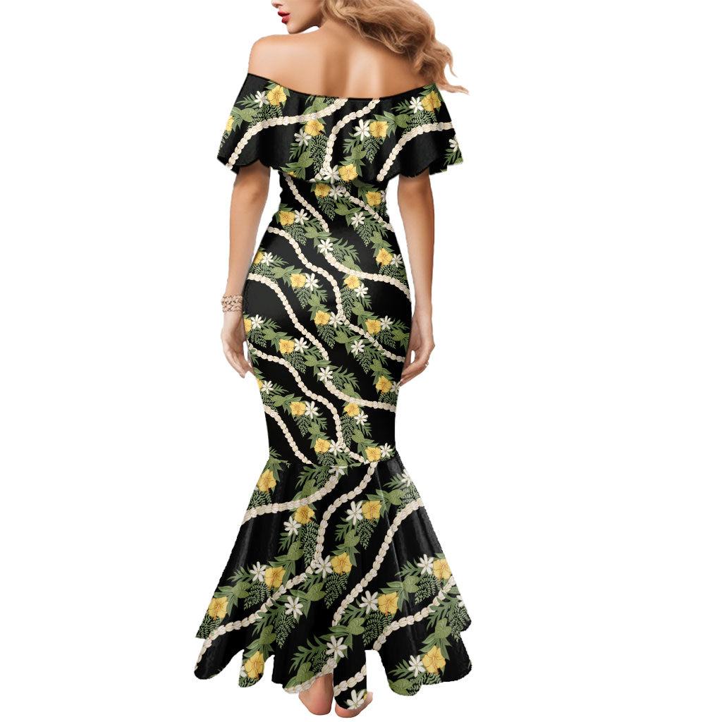 Hawaiian Pikake Maile Lei Mermaid Dress Tiare Hibiscus Kalo Palapalai Leaf Black LT19 - Polynesian Pride
