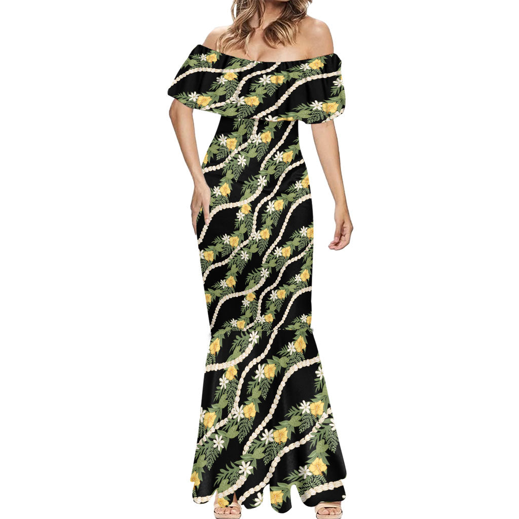 Hawaiian Pikake Maile Lei Mermaid Dress Tiare Hibiscus Kalo Palapalai Leaf Black LT19 - Polynesian Pride