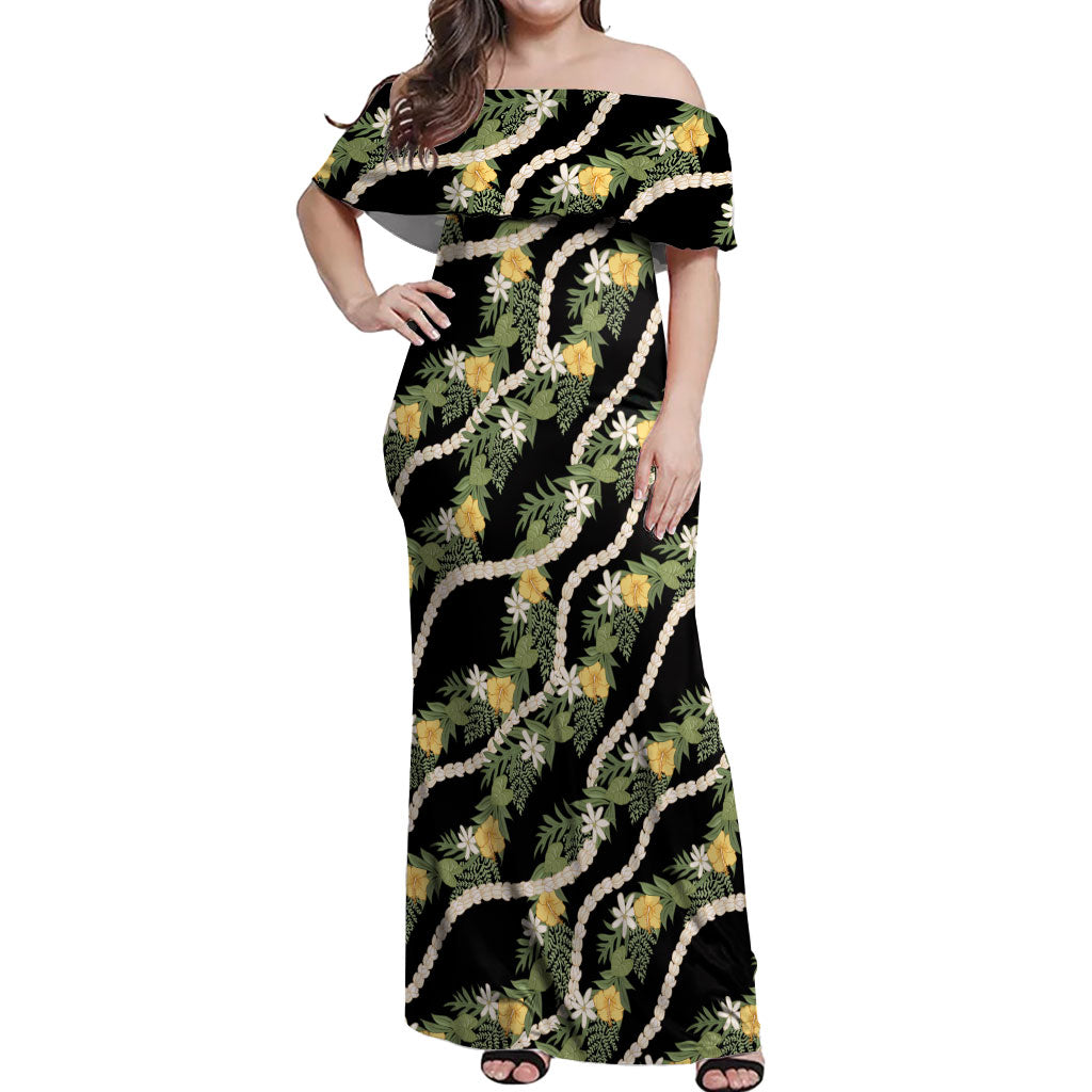 Hawaiian Pikake Maile Lei Off Shoulder Maxi Dress Tiare Hibiscus Kalo Palapalai Leaf Black