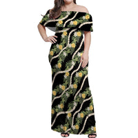Hawaiian Pikake Maile Lei Off Shoulder Maxi Dress Tiare Hibiscus Kalo Palapalai Leaf Black LT19 Women Black - Polynesian Pride