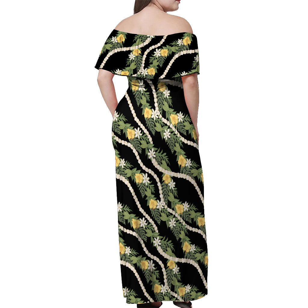 Hawaiian Pikake Maile Lei Off Shoulder Maxi Dress Tiare Hibiscus Kalo Palapalai Leaf Black LT19 - Polynesian Pride