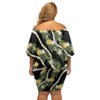 Hawaiian Pikake Maile Lei Off Shoulder Short Dress Tiare Hibiscus Kalo Palapalai Leaf Black LT19 - Polynesian Pride