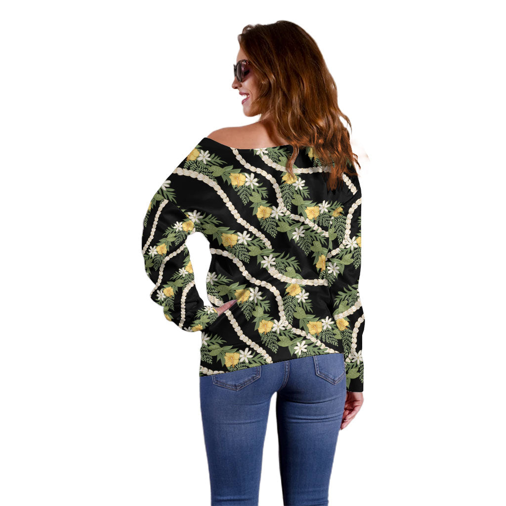 Hawaiian Pikake Maile Lei Off Shoulder Sweater Tiare Hibiscus Kalo Palapalai Leaf Black