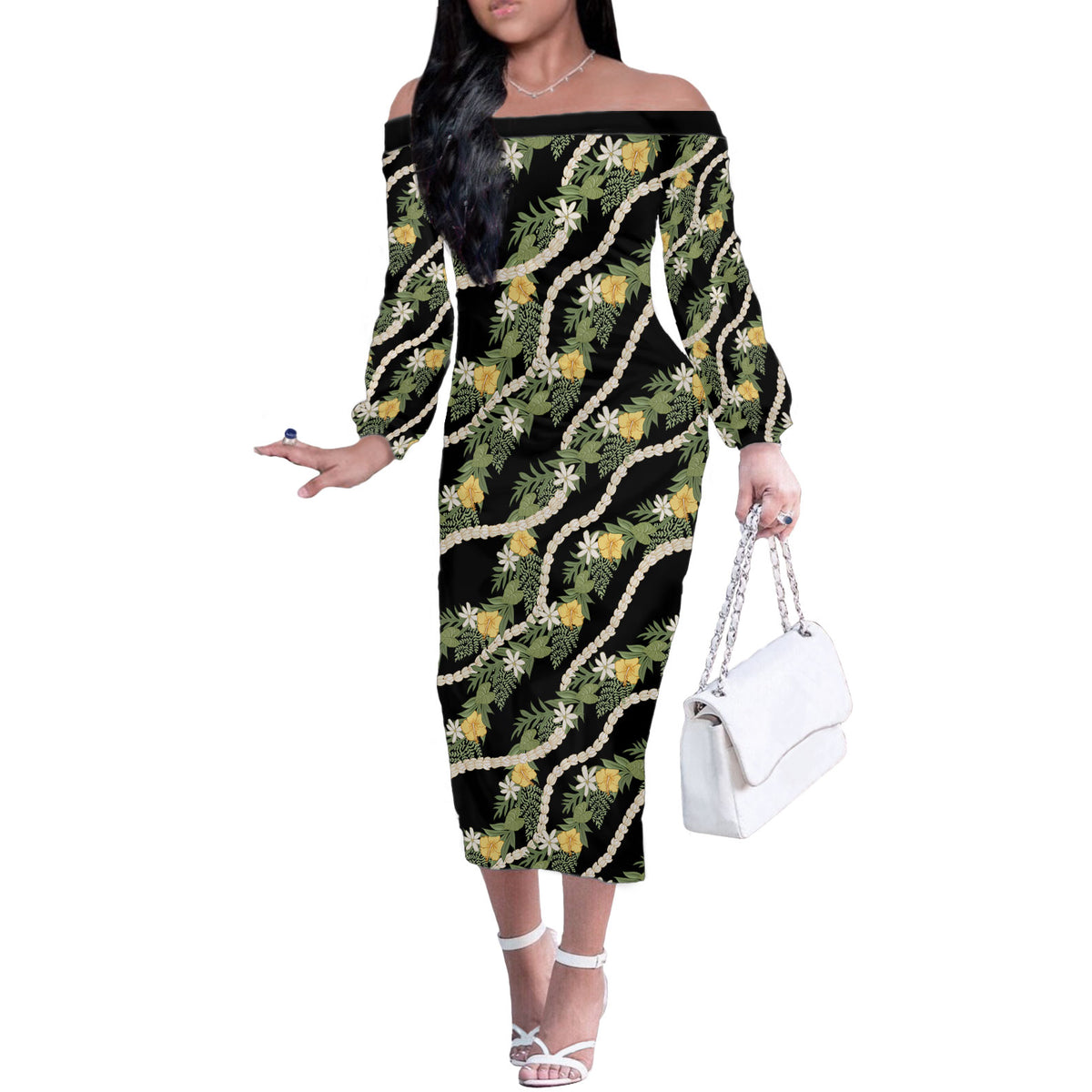 Hawaiian Pikake Maile Lei Off The Shoulder Long Sleeve Dress Tiare Hibiscus Kalo Palapalai Leaf Black LT19 Women Black - Polynesian Pride