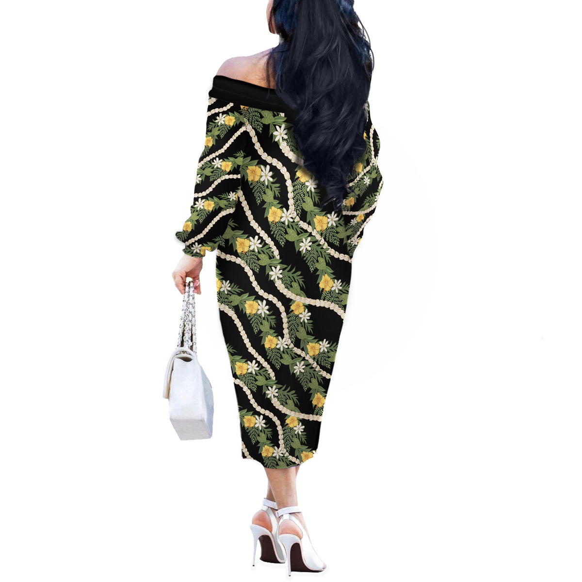 Hawaiian Pikake Maile Lei Off The Shoulder Long Sleeve Dress Tiare Hibiscus Kalo Palapalai Leaf Black LT19 - Polynesian Pride