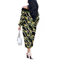 Hawaiian Pikake Maile Lei Off The Shoulder Long Sleeve Dress Tiare Hibiscus Kalo Palapalai Leaf Black LT19 - Polynesian Pride