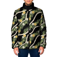 Hawaiian Pikake Maile Lei Padded Jacket Tiare Hibiscus Kalo Palapalai Leaf Black LT19 Men Black - Polynesian Pride
