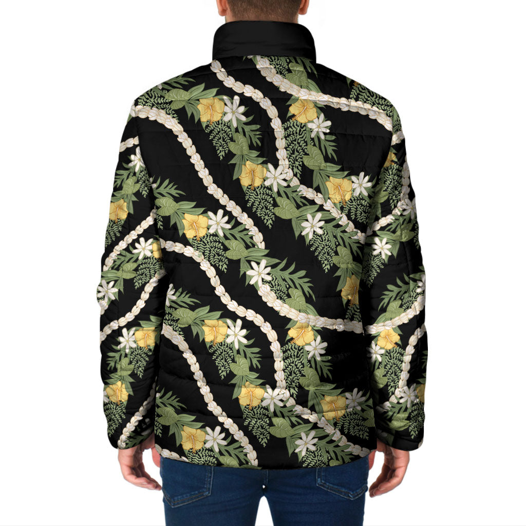 Hawaiian Pikake Maile Lei Padded Jacket Tiare Hibiscus Kalo Palapalai Leaf Black LT19 - Polynesian Pride