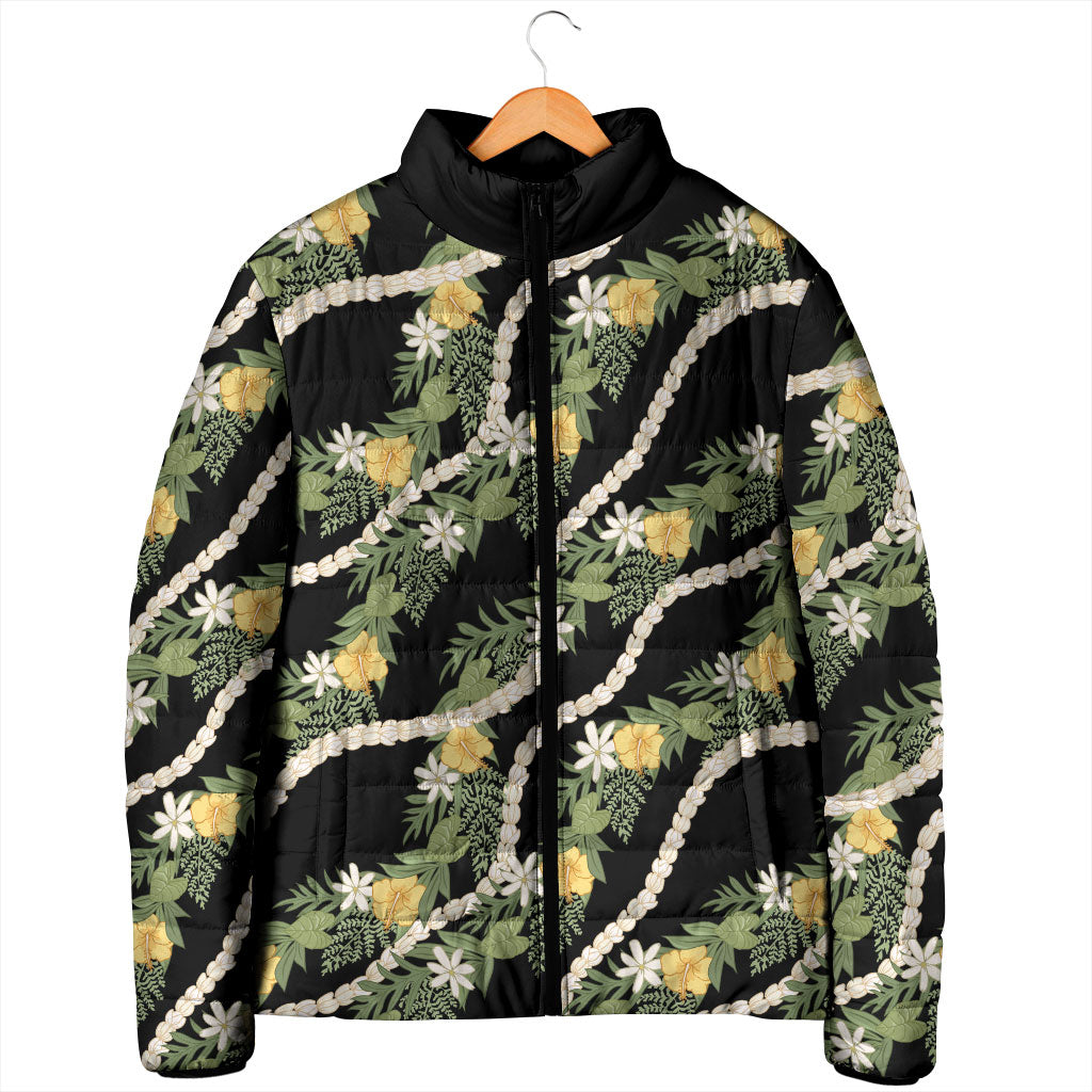 Hawaiian Pikake Maile Lei Padded Jacket Tiare Hibiscus Kalo Palapalai Leaf Black LT19 - Polynesian Pride