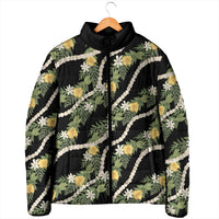 Hawaiian Pikake Maile Lei Padded Jacket Tiare Hibiscus Kalo Palapalai Leaf Black LT19 - Polynesian Pride