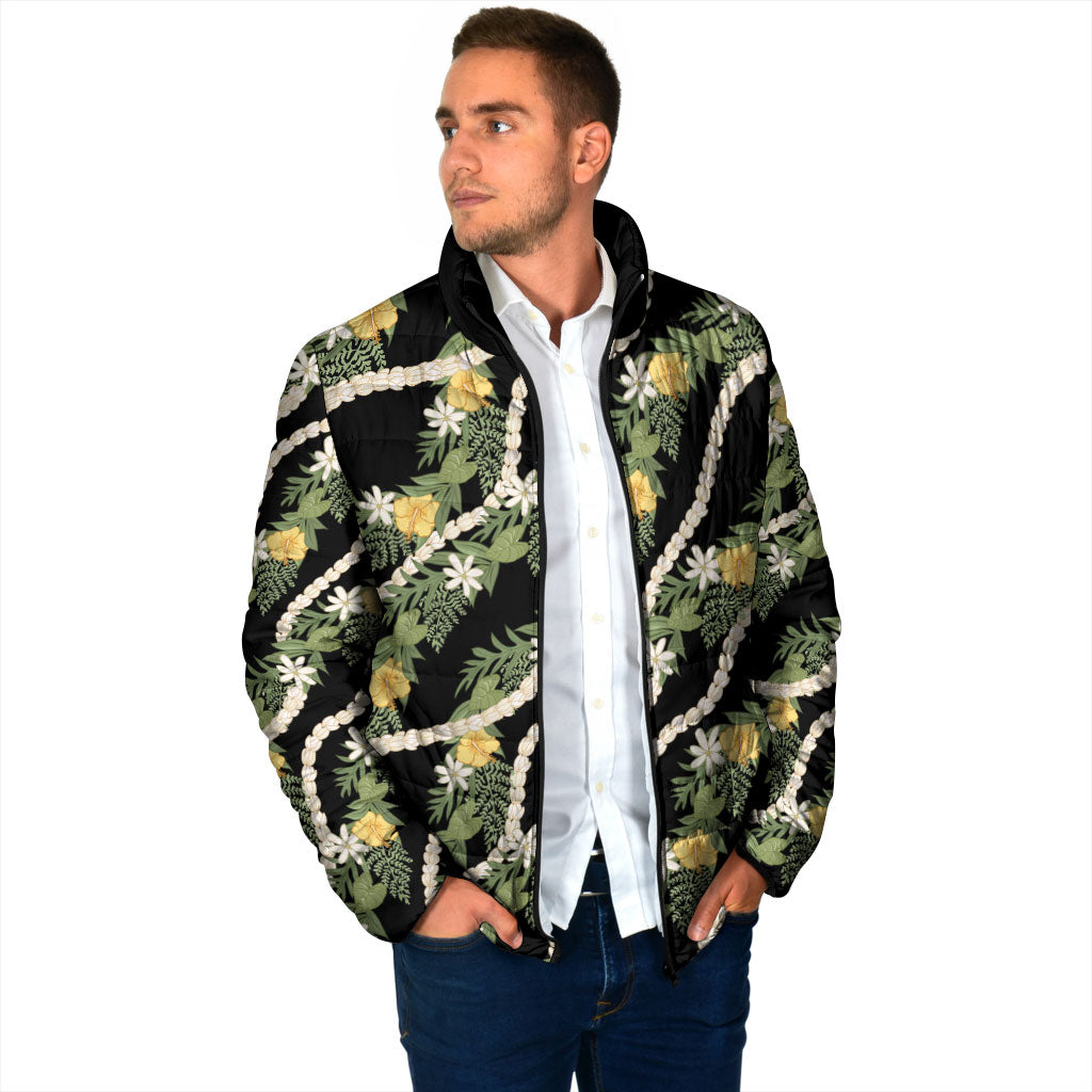 Hawaiian Pikake Maile Lei Padded Jacket Tiare Hibiscus Kalo Palapalai Leaf Black LT19 - Polynesian Pride