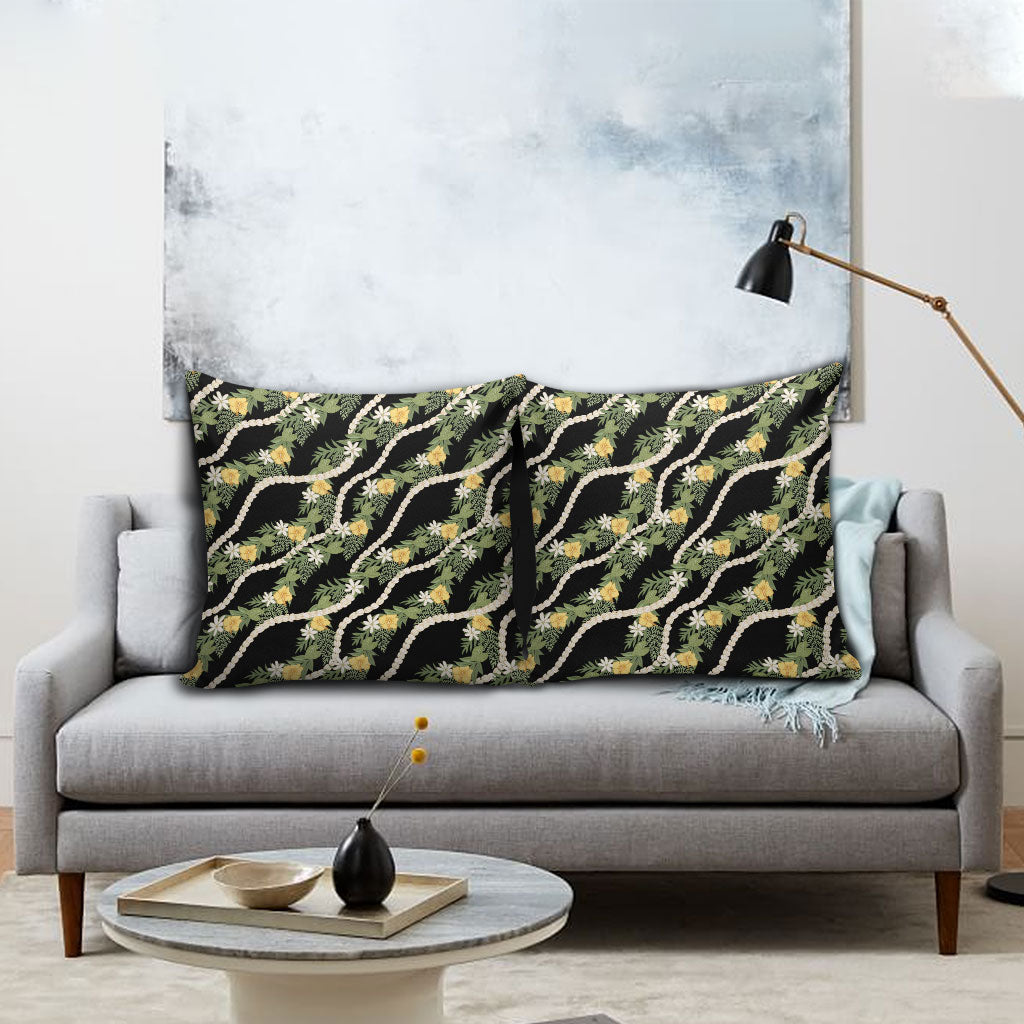 Hawaiian Pikake Maile Lei Pillow Cover Tiare Hibiscus Kalo Palapalai Leaf Black