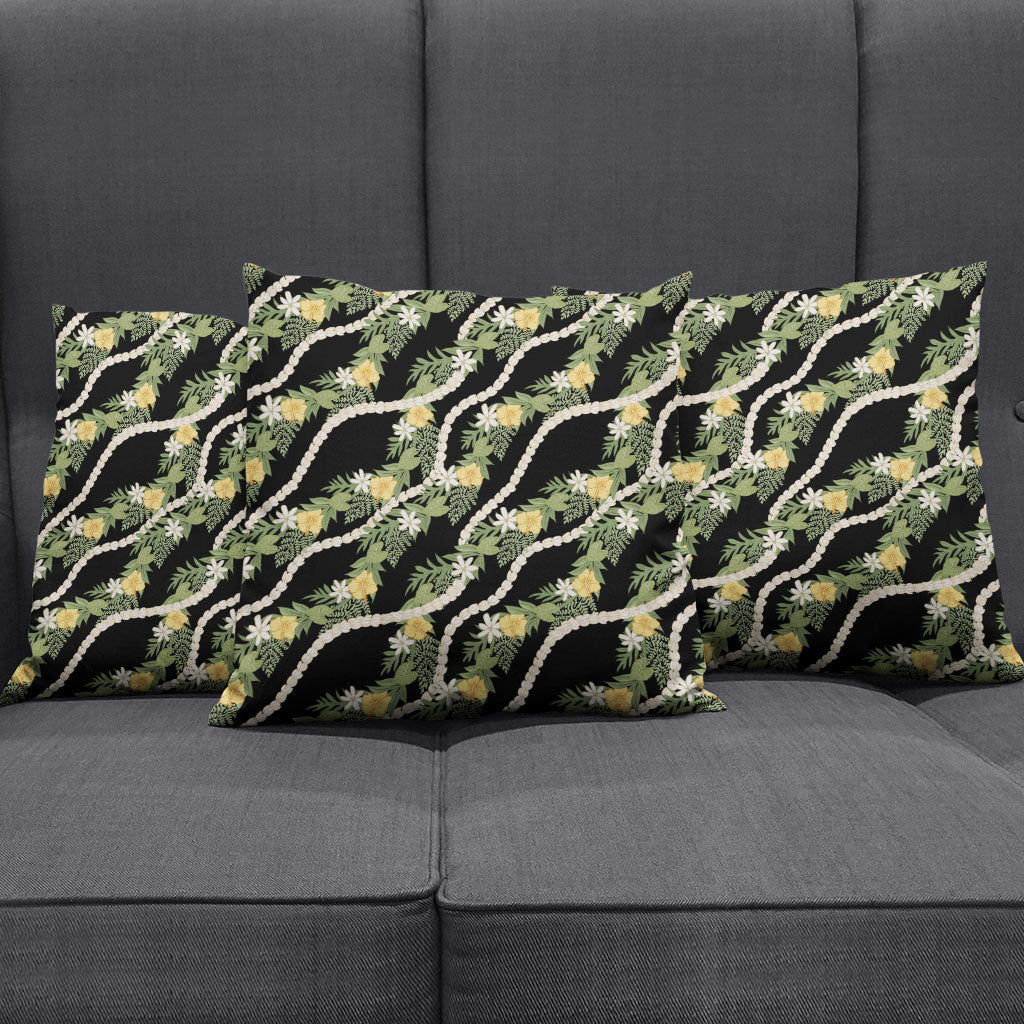 Hawaiian Pikake Maile Lei Pillow Cover Tiare Hibiscus Kalo Palapalai Leaf Black