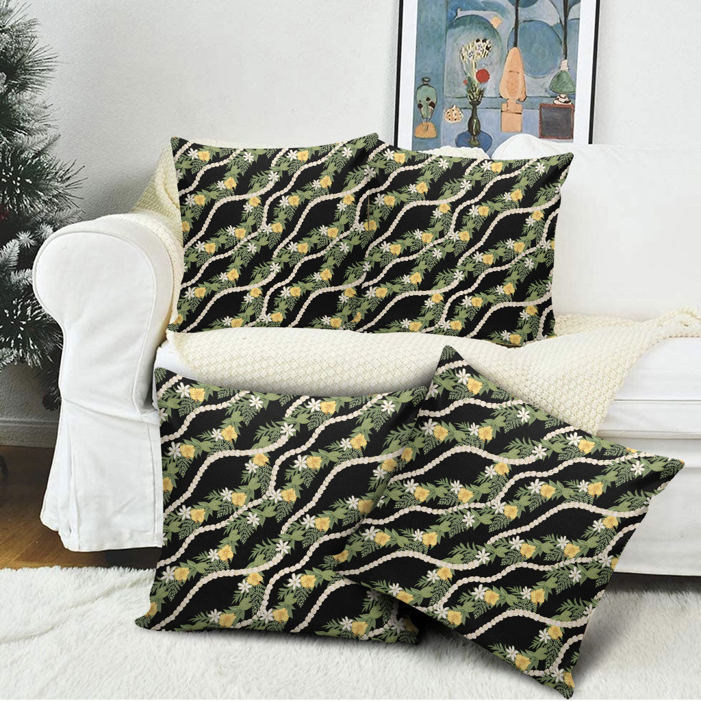 Hawaiian Pikake Maile Lei Pillow Cover Tiare Hibiscus Kalo Palapalai Leaf Black
