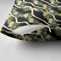 Hawaiian Pikake Maile Lei Pillow Cover Tiare Hibiscus Kalo Palapalai Leaf Black