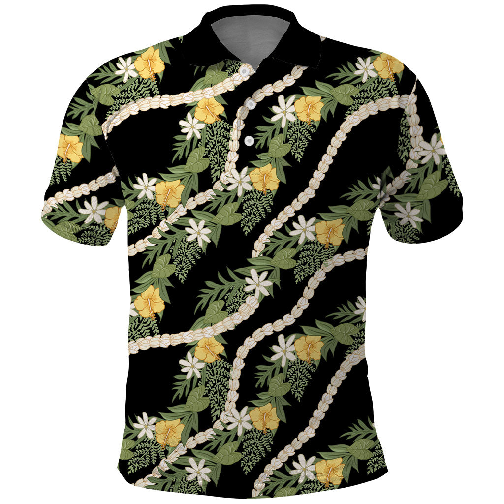 Hawaiian Pikake Maile Lei Polo Shirt Tiare Hibiscus Kalo Palapalai Leaf Black LT19 Black - Polynesian Pride